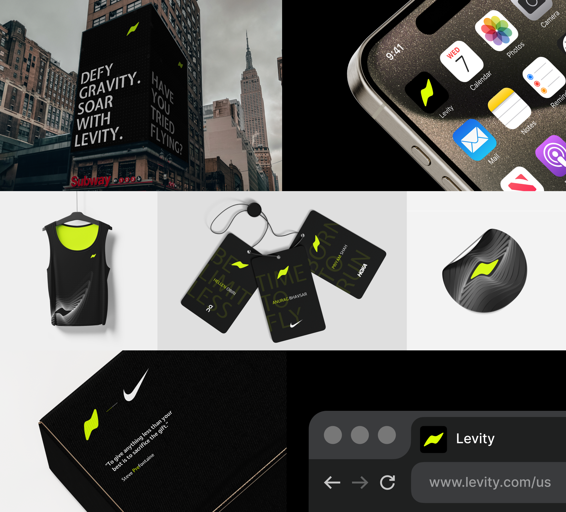 Branding applied across the Levity identity system