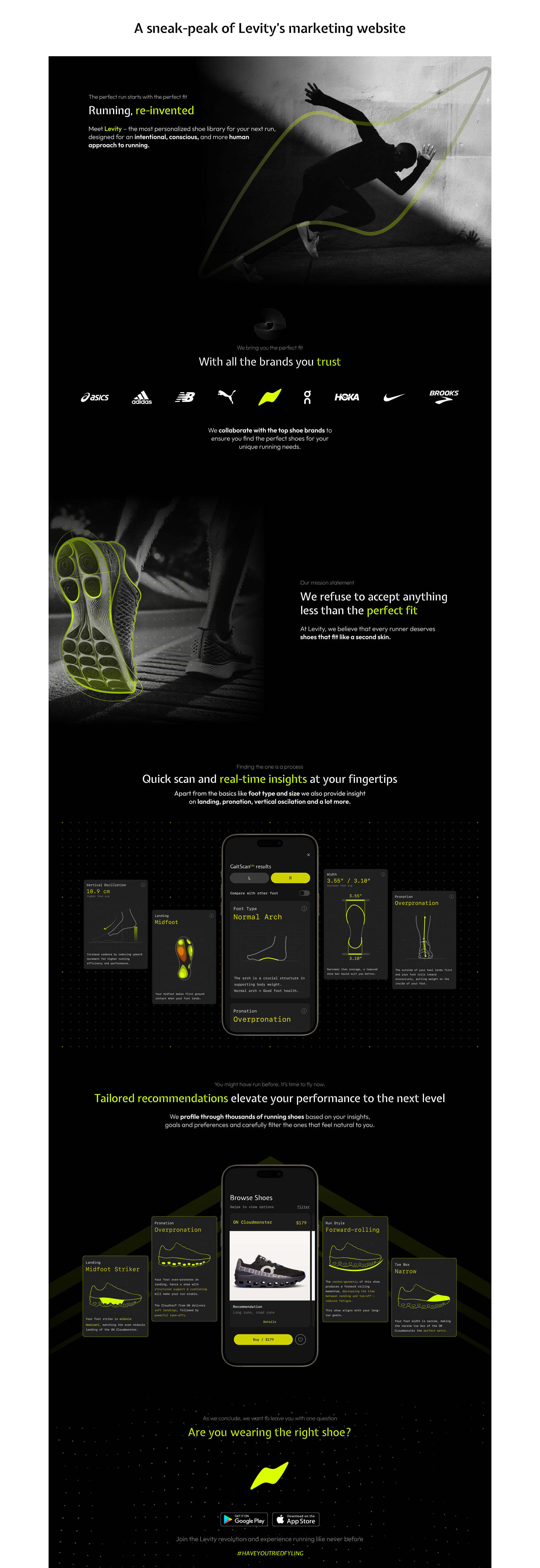 A sneak-peak of Levity's marketing website: Running, re-invented - full scrolling page showing brand partners, product photography, and the fit-scan flow